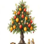 Árbol de Navidad tradicional decorado con manzanas y velas, ilustración histórica