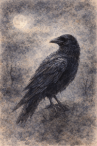 Ilustración gótica de un cuervo bajo la luna, símbolo recurrente en la obra de Edgar Allan Poe