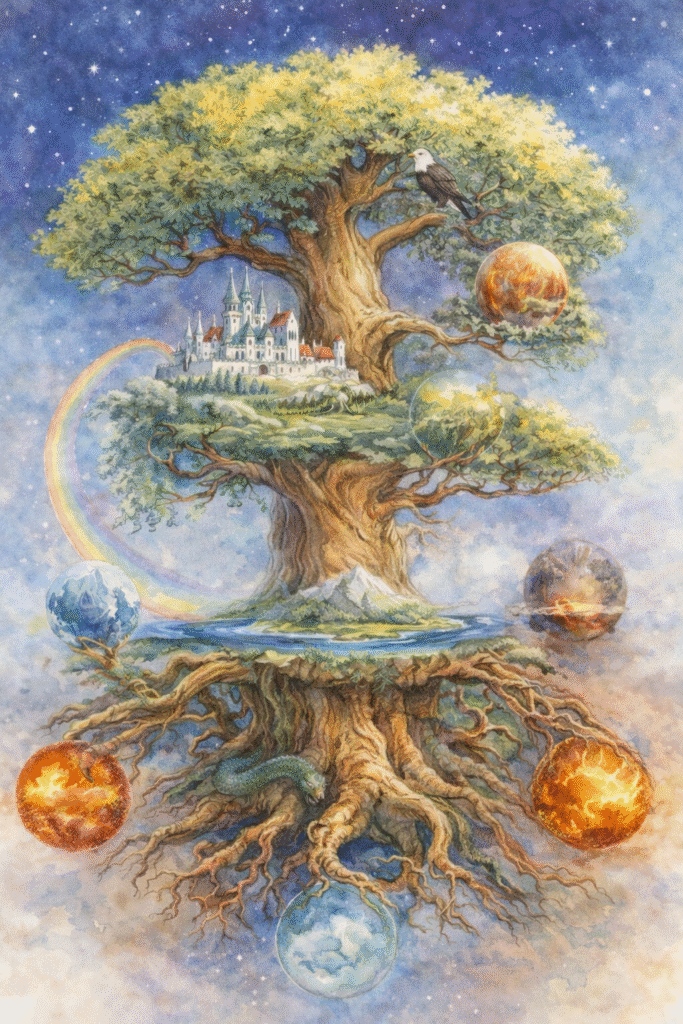 Ilustración de los nueve mundos en el árbol cósmico: Yggdrasil de la mitología nórdica