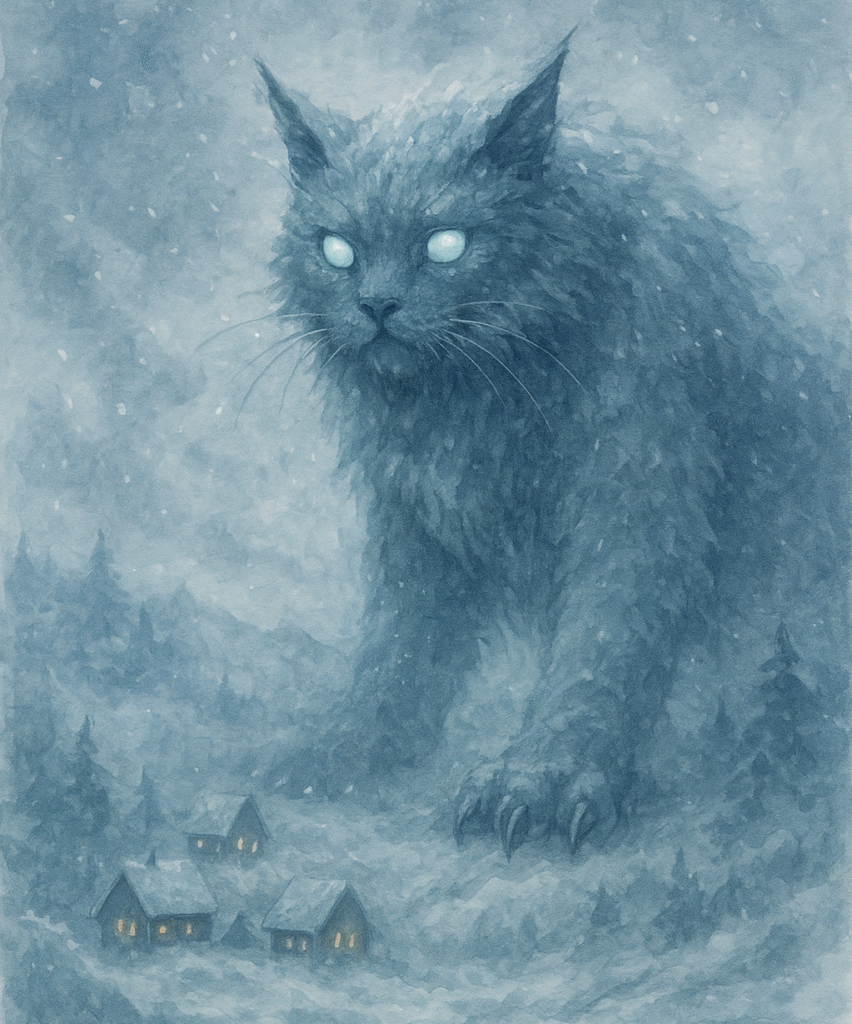 Ilustración del Jólakötturinn, el Gato de Yule de la mitología islandesa, una criatura gigante de ojos brillantes que acechaba durante el invierno.