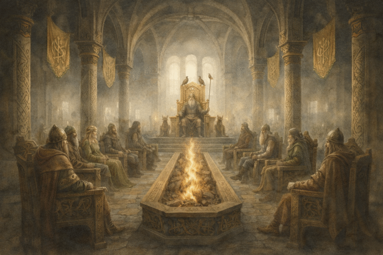 Ilustración de Glaðsheim, recinto ceremonial de los Æsir en Asgard, donde se celebran consejos y juicios divinos