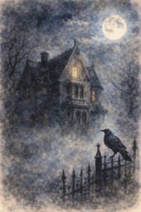 Ilustración gótica de una casa bajo la luna con un cuervo, evocando la atmósfera del terror de Edgar Allan Poe
