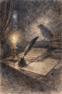 Ilustración en acuarela de un escritorio antiguo con pluma y cuervo, símbolo del universo literario de Edgar Allan Poe