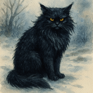 Ilustración del Jólakötturinn, el Gato de Yule de la mitología islandesa, criatura gigante asociada a la Navidad en Islandia.