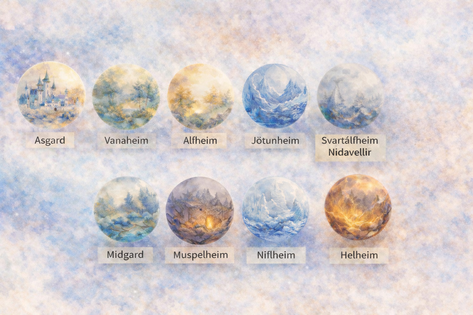 Ilustración de los nueve mundos de la cosmología nórdica