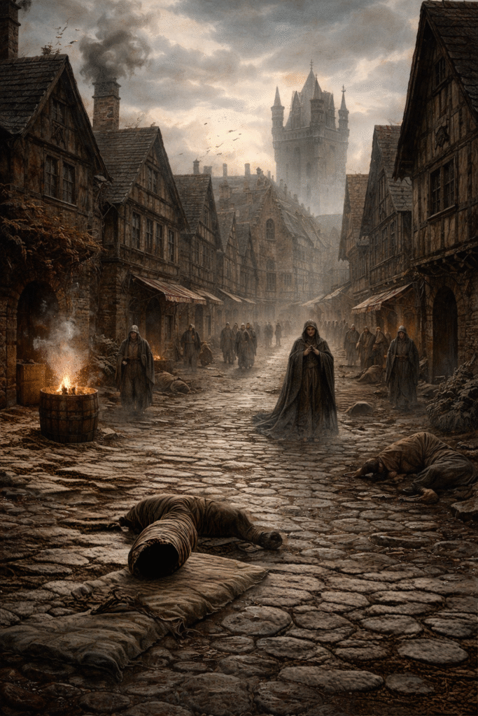 Ilustración medieval de la peste negra en Europa