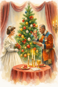 La reina Victoria y el Príncipe Alberto celebrando la Navidad junto a un árbol decorado (1848)