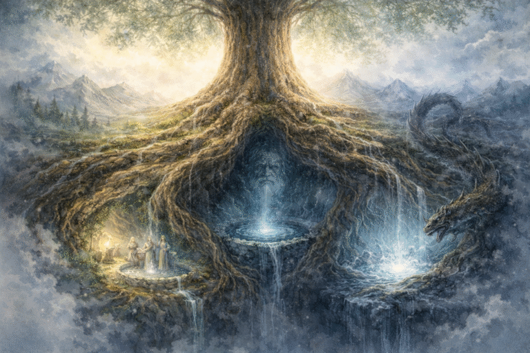 Representación de las raíces de Yggdrasil: el árbol sagrado del cosmos en la mitología nórica