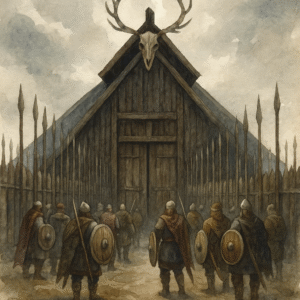 Ilustración de Valhalla, el gran salón de los guerreros caídos en Asgard según la mitología nórdica