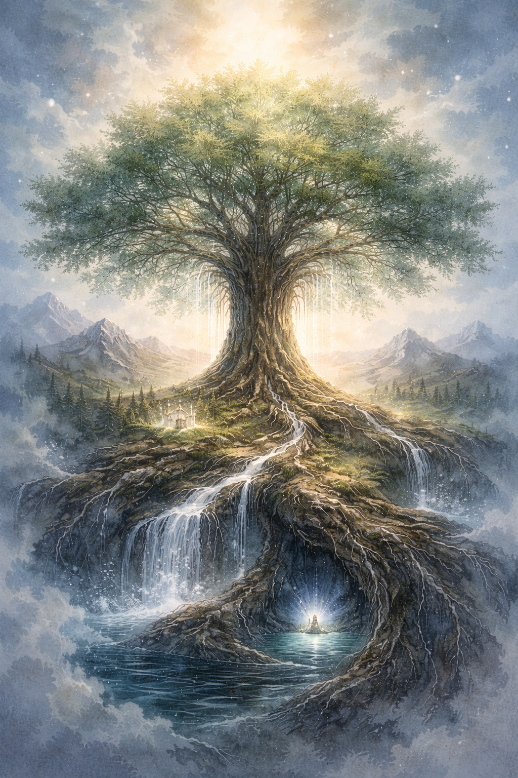 Ilustración de Yggdrasil: el árbol sagrado del cosmos en la mitología nórdica
