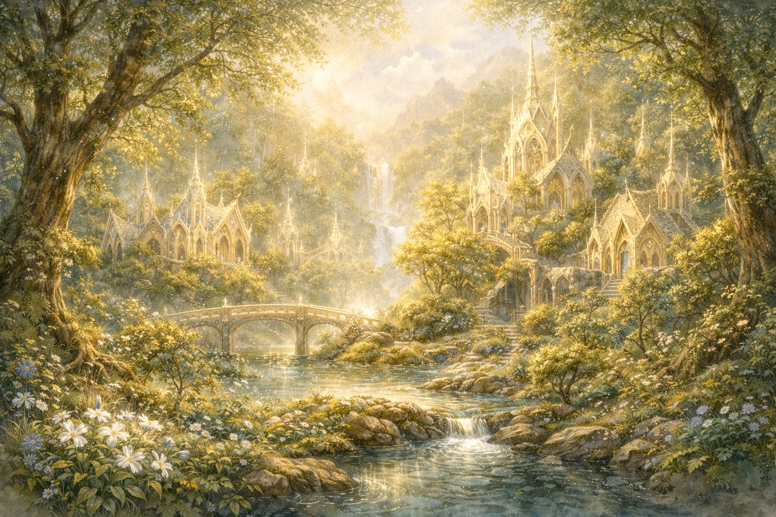 Alfheim: praderas luminosas, árboles esbeltos brillando suavemente, niebla dorada, ríos de cristal, luz suave envolviendo todo.