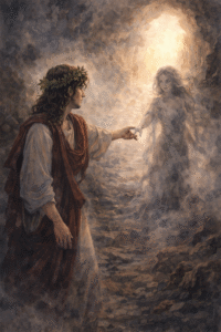 Escena del mito de Orfeo y Eurícide en el instante en que Orfeo se gira y Eurícide desaparece, antes de perderla para siempre