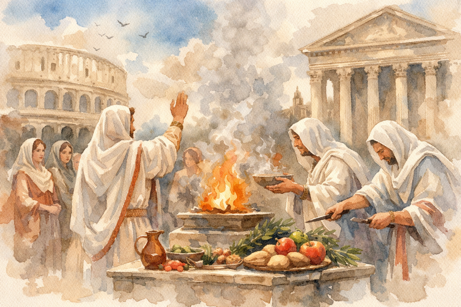 Ilustración en acuarela sobre los rituales de purificación romanos durante Februarius.