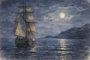 el inconstant navegando de noche por el mar durante la fuga de napoleón de la isla de elba.