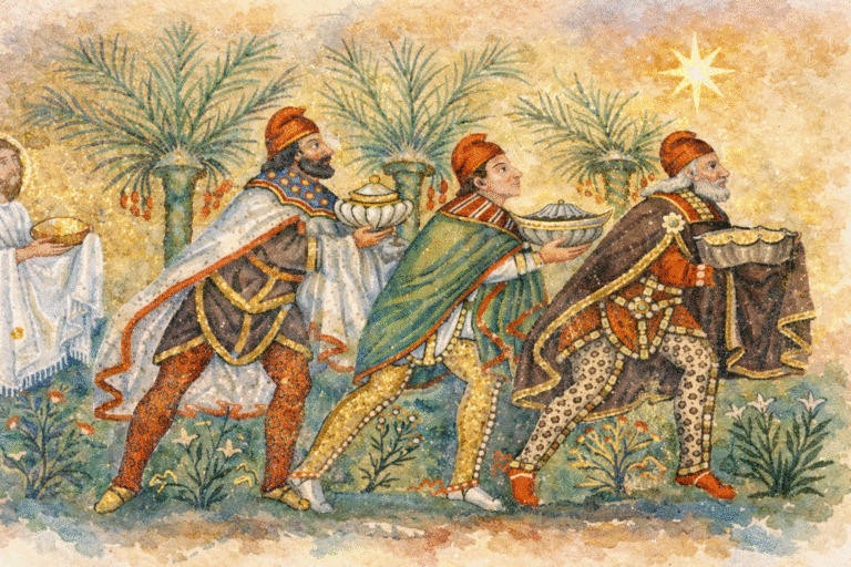ilustración inspirada en el mosaico bizantino de los magos de oriente.