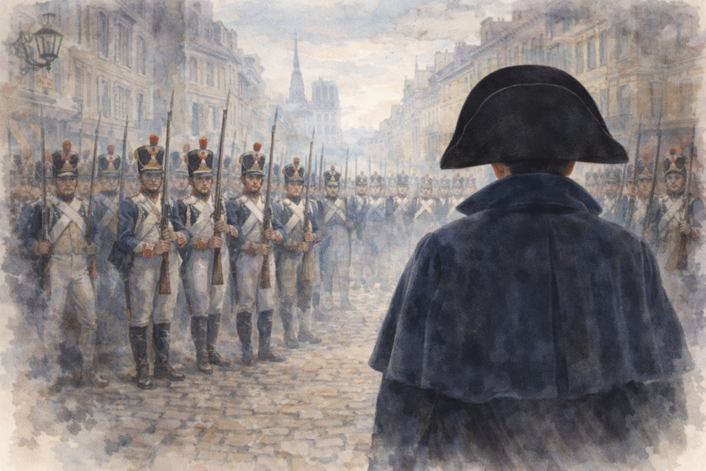 napoleón bonaparte frente a soldados franceses tras regresar de elba en 1815.