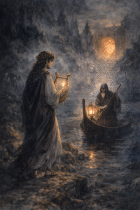 Representación del descenso de Orfeo al Hades junto a Caronte, donde usa su música para cruzar el inframundo en busca de Eurícide.