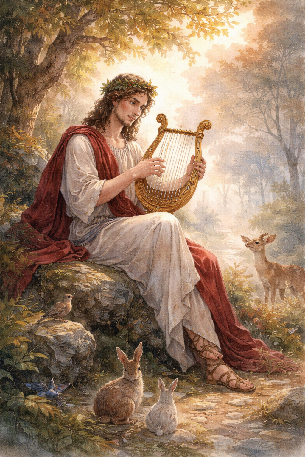 Ilustración de Orfeo tocando la lira, el músico legendario capaz de conmover a la naturaleza y a los dioses de la mitología griega.