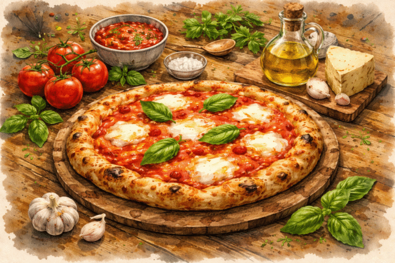 Pizza napolitana clásica con tomate, mozzarella y albahaca (Margherita)