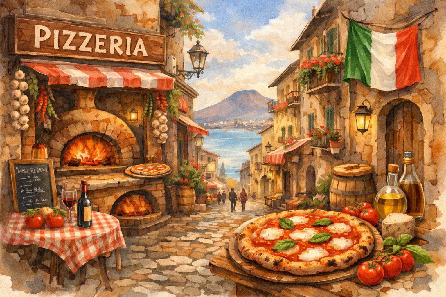 Pizzería italiana tradicional en acuarela para el Día Mundial de la Pizza