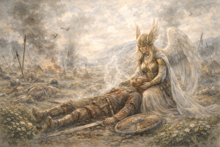 Ilustración de una valquiria en el campo de batalla en Midgard