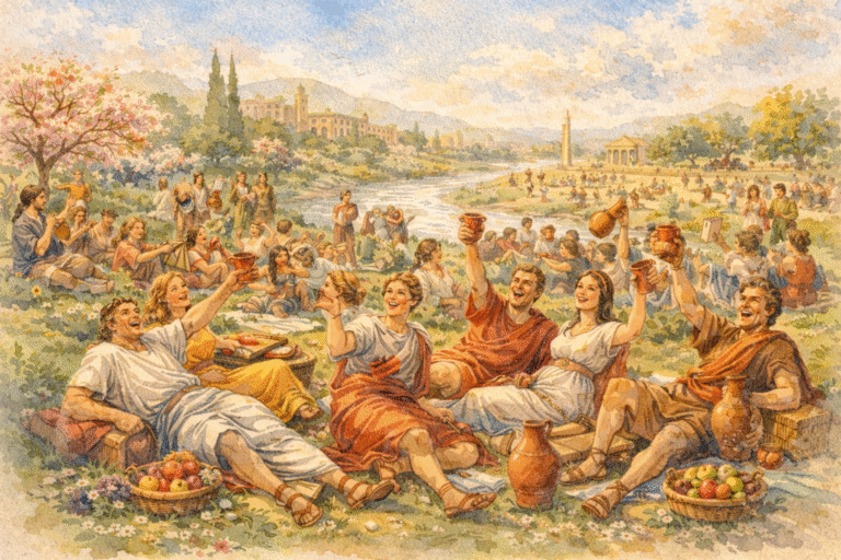 Celebración de Anna Perenna en el Campo de Marte, festividad popular romana asociada al ciclo anual.