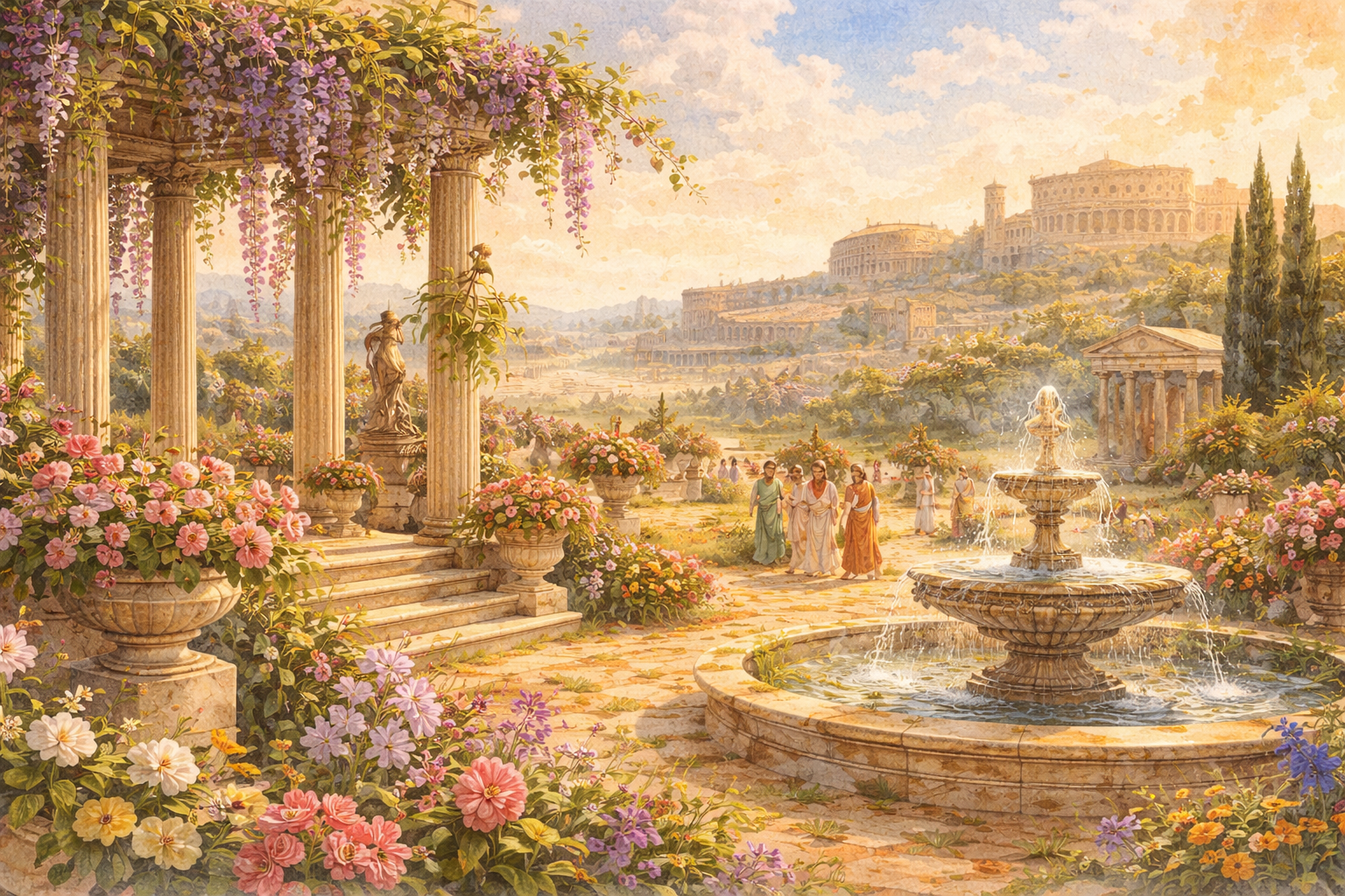 Jardines y escena primaveral en abril en la Antigua Roma