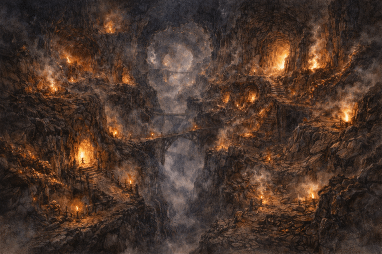Red de túneles y ciudades subterráneas excavadas en la roca en Svartalfheim, el reino de los enanos nórdicos en la mitología nórdica.