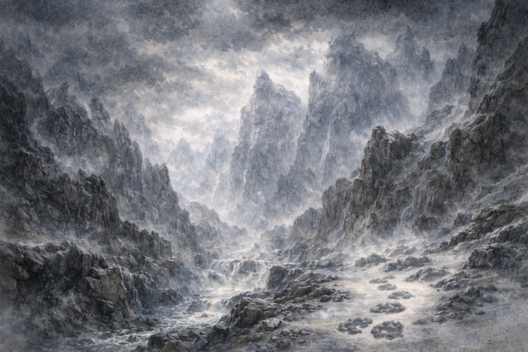 Ilustración del reino salvaje de los jótnar en la mitología nórdica.