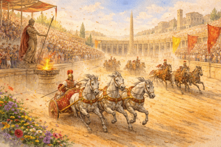 Carreras de caballos durante las Equirria, festividad romana dedicada a Marte en el mes de marzo.