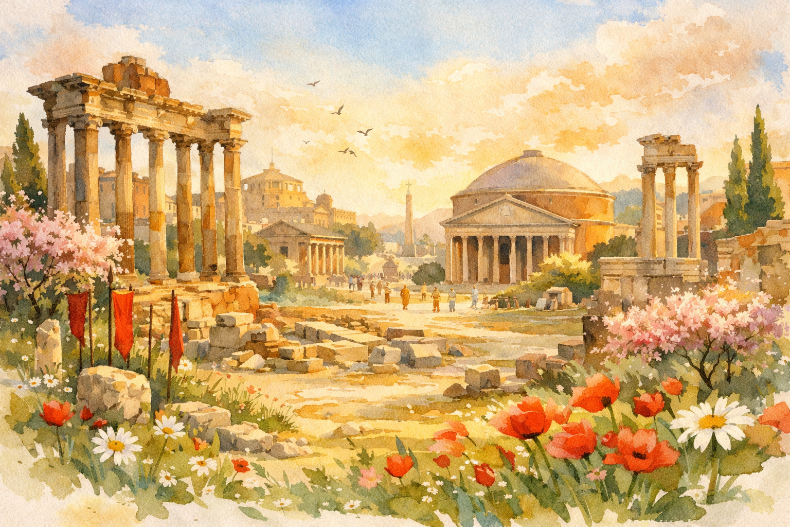 Representación artística de la Antigua Roma en primavera, simbolizando el mes de marzo y el renacimiento del año romano