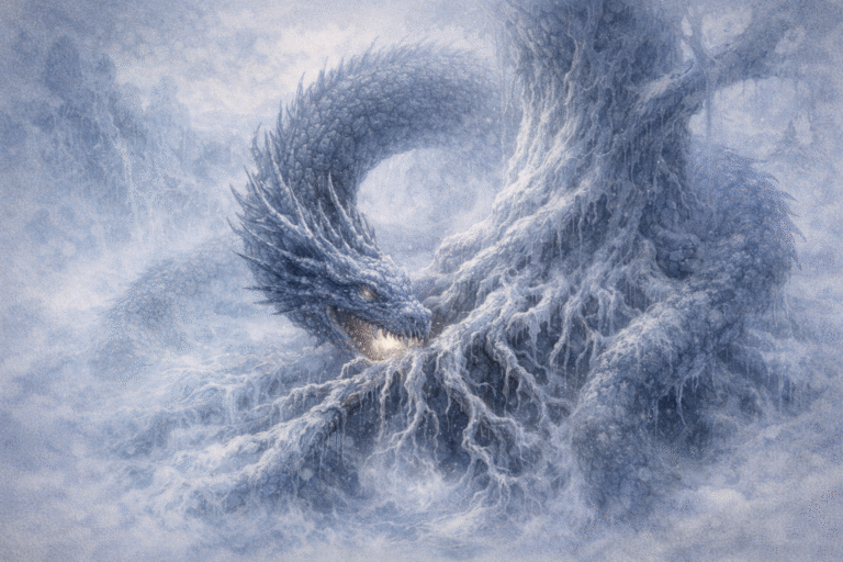 Níðhöggr, dragón-serpiente que roe las raíces de Yggdrasil en Niflheim según la mitología nórdica