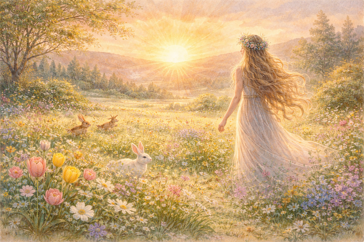 Representación artística de Ostara, divinidad germánica asociada a la primavera y el renacimiento