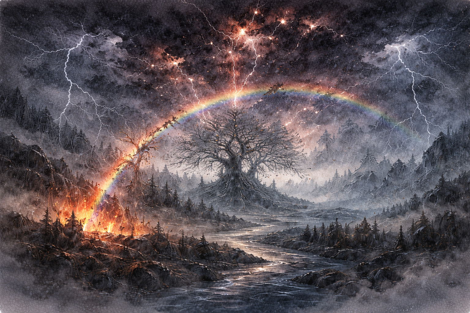 Yggdrasil durante el Ragnarök en la mitología nórdica