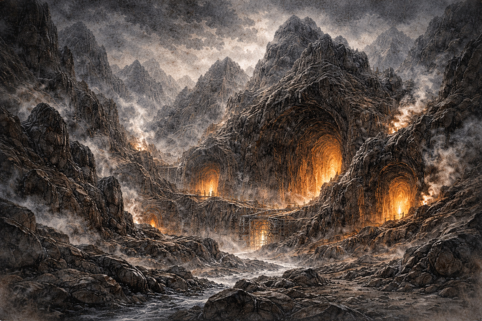 Paisaje de Svartalfheim o Nidavellir, el  mundo subterráneo de los enanos en la mitología nórdica, hogar de las forjas legendarias y artefactos divinos.