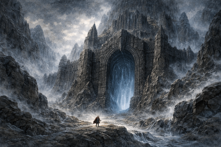 Ilustración de Utgard, la fortaleza de los gigantes jötnar en la mitología nórdica