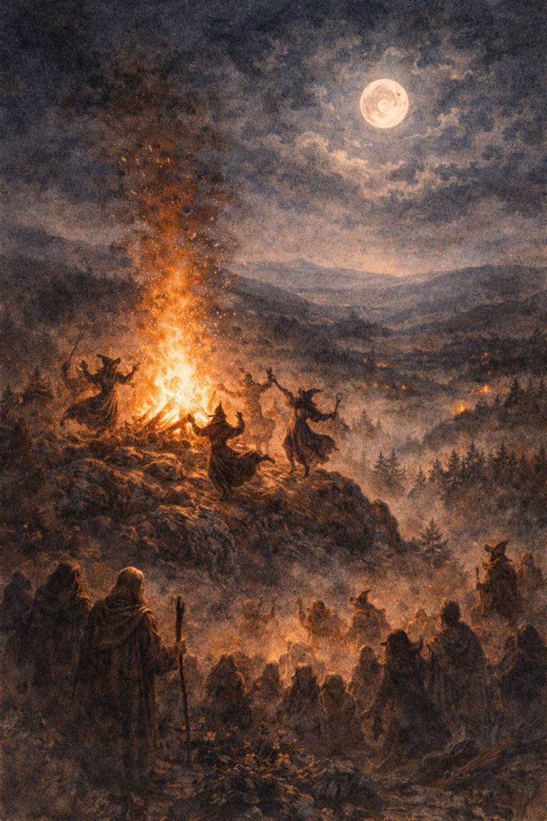 Brujas en hogueras en la montaña durante la noche de Walpurgis