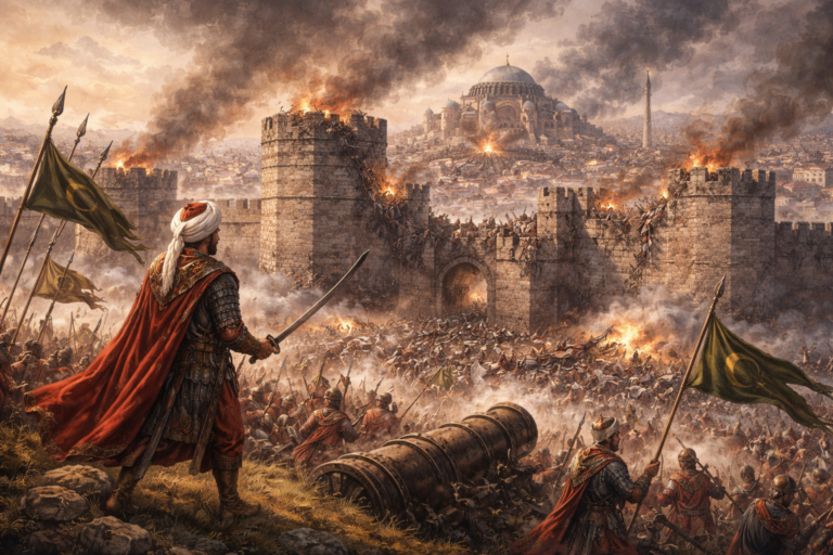 Caída de Constantinopla en 1453 tras el asedio otomano dirigido por Mehmed II