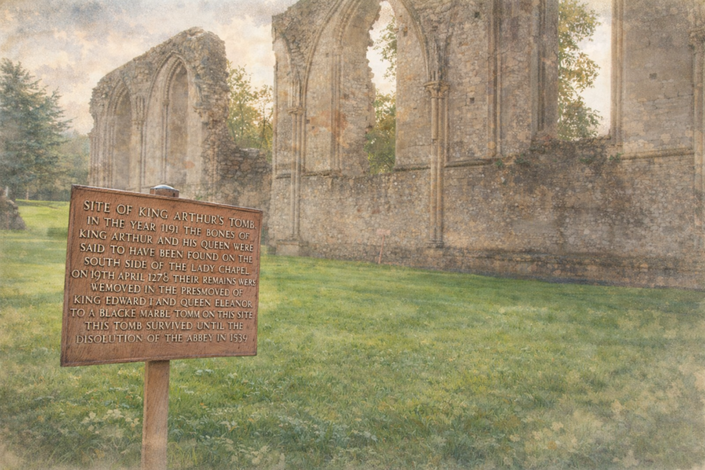 Ruinas en Glastonbury Abbey con la señal del supuesto lugar de enterramiento del rey Arturo y Ginebra, representando la conexión histórica con Avalon