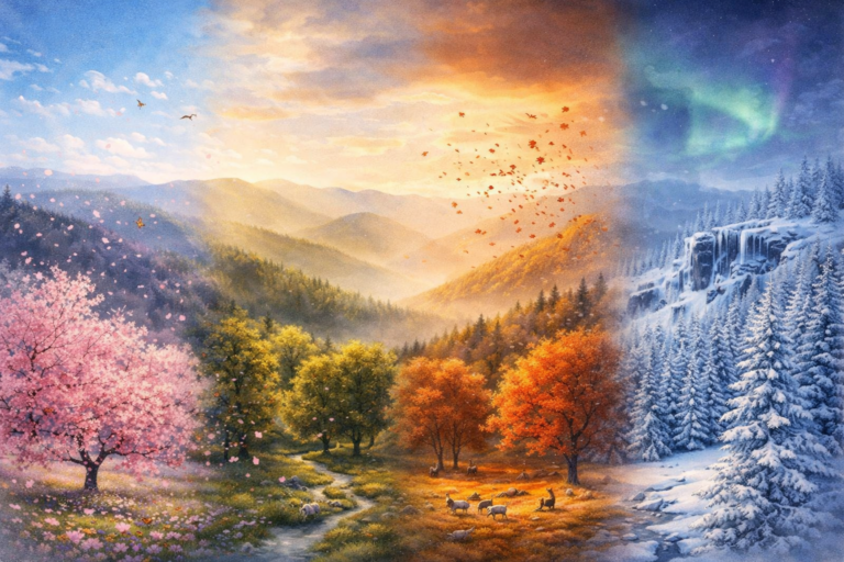 Ilustración de las estaciones del año: primavera, verano, otoño e invierno