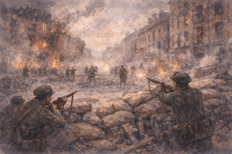Representación de los combates de la Rebelión de Pascua en Dublín, Irlanda en 1916