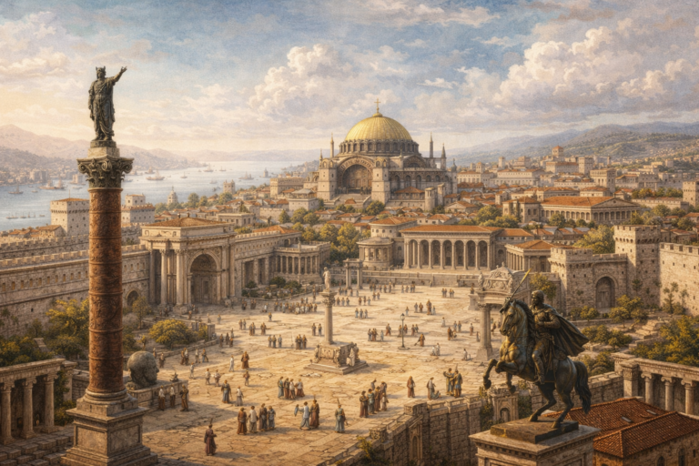 Reconstrucción de Constantinopla como nueva capital imperial con foros y monumentos