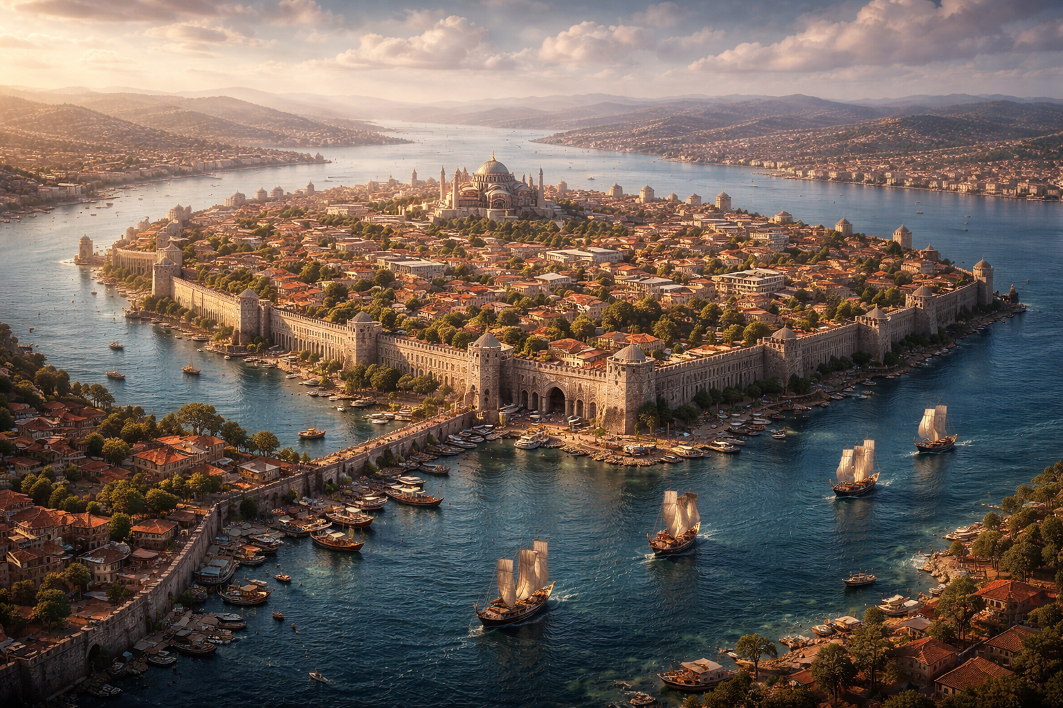 Vista de Constantinopla en el estrecho del Bósforo, nueva capital del Imperio romana fundada por Constantino