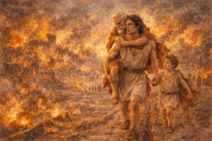 Eneas huyendo de la destrucción de Troya con su familia, origen mítico de Roma