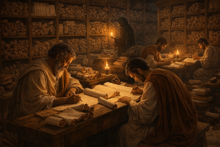 Escribas copiando manuscritos rodeados de estanterías llenas de rollos en la Biblioteca de Alenadría