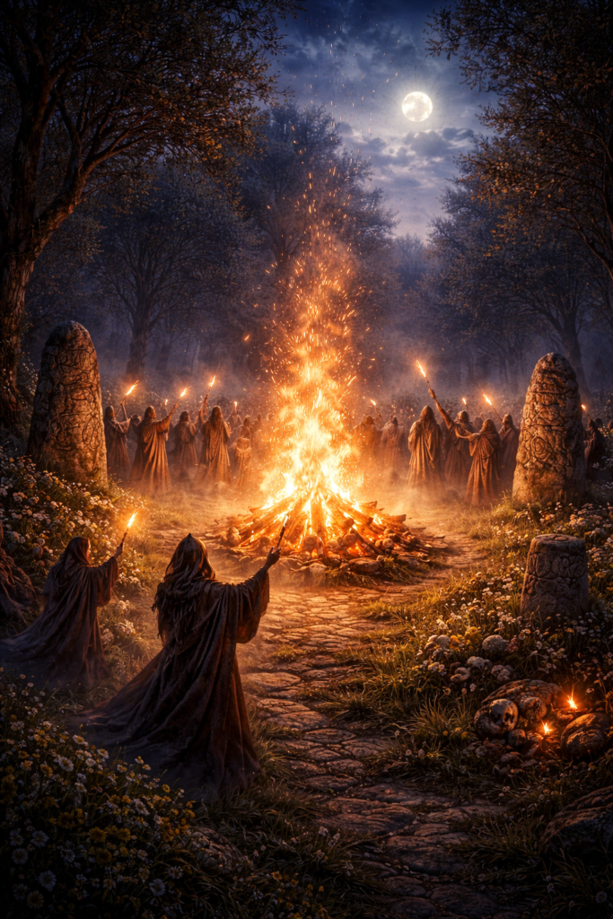 Fuego ritual asociado a festividades celtas como Samhain o Beltane