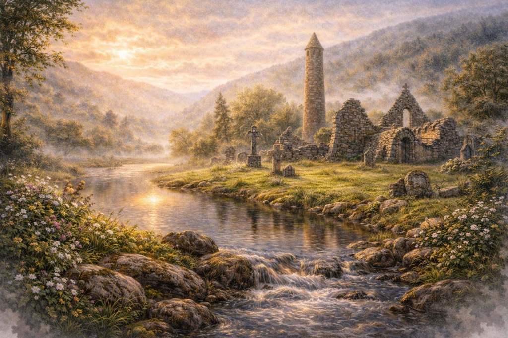 Monasterio en ruinas de Glendalough en Irlanda, lugar sagrado transformado al cristianismo