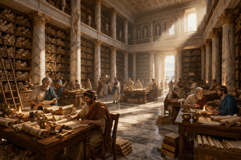 Interior de la Biblioteca de Alejandría con eruditos y rollos de papiro en el periodo helenístico