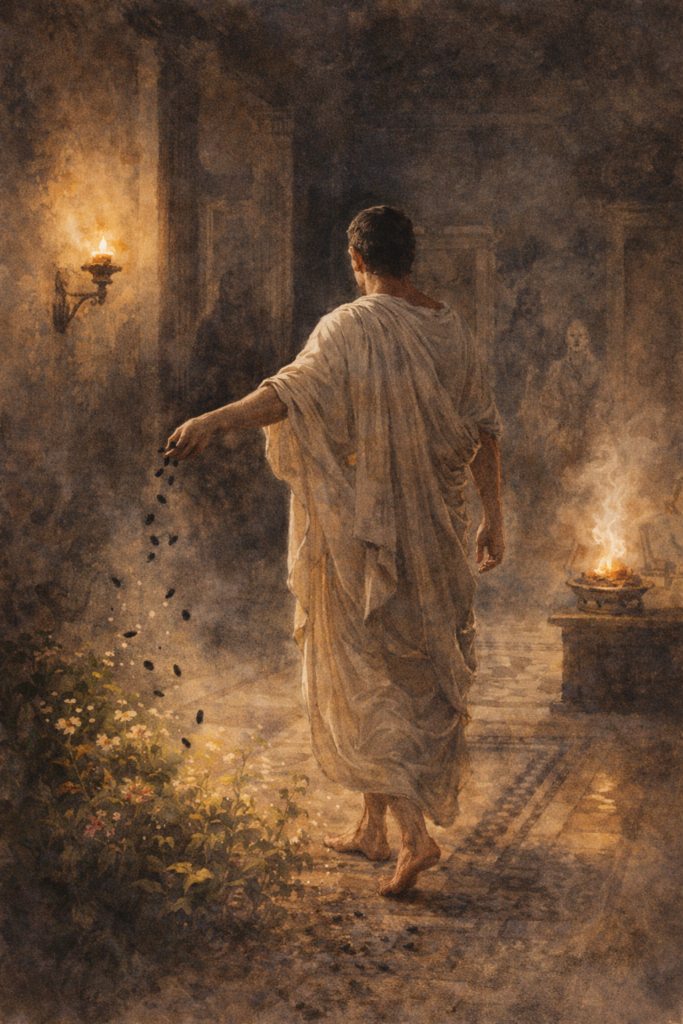 Representación de la Lemuria ritual del pater familias en la Antigua Roma