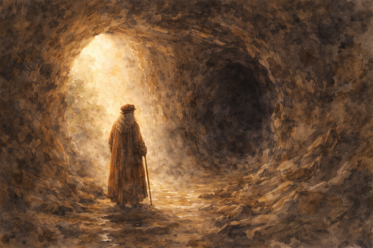 Representación de Leonardo da Vinci frente a la cueva misteriosa recogida en su cuadernos